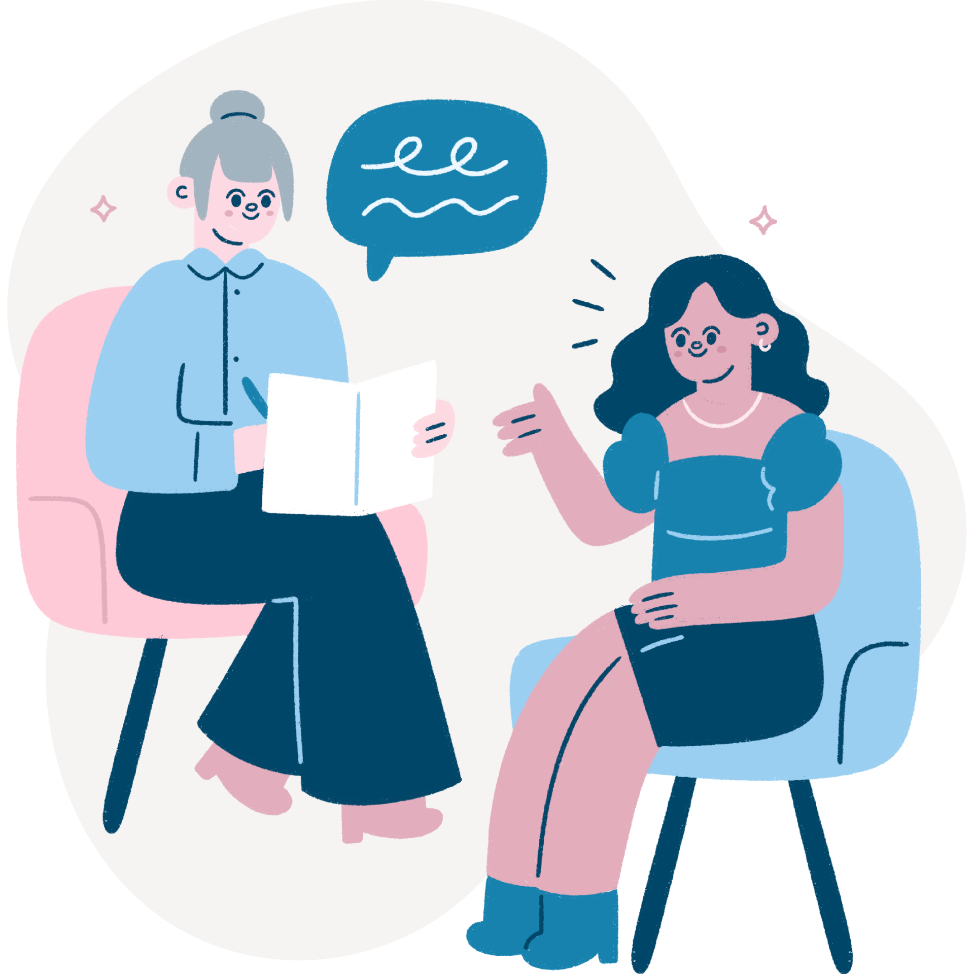 An illustrated graphic of a therapy session with two women in chairs talking to each other.