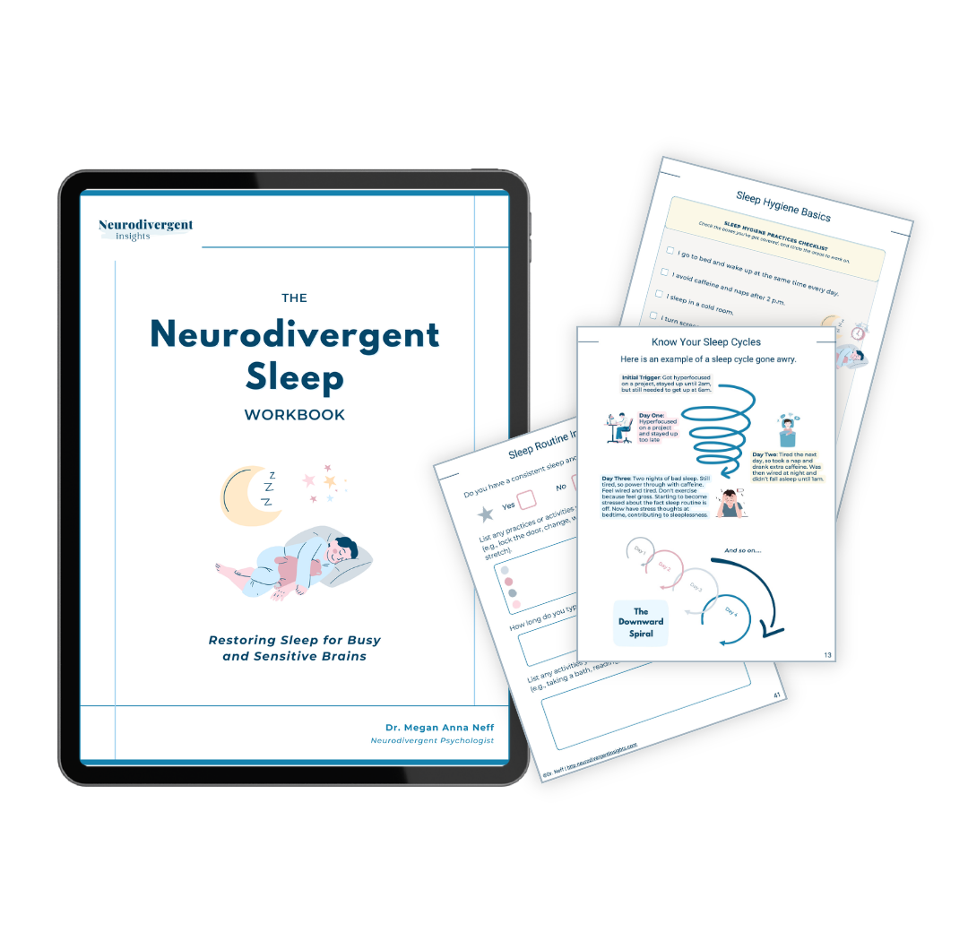 A graphic mockup of The Neurodivergent Sleep Workbook, with the cover in an iPad with three worksheet pages shown next to it.