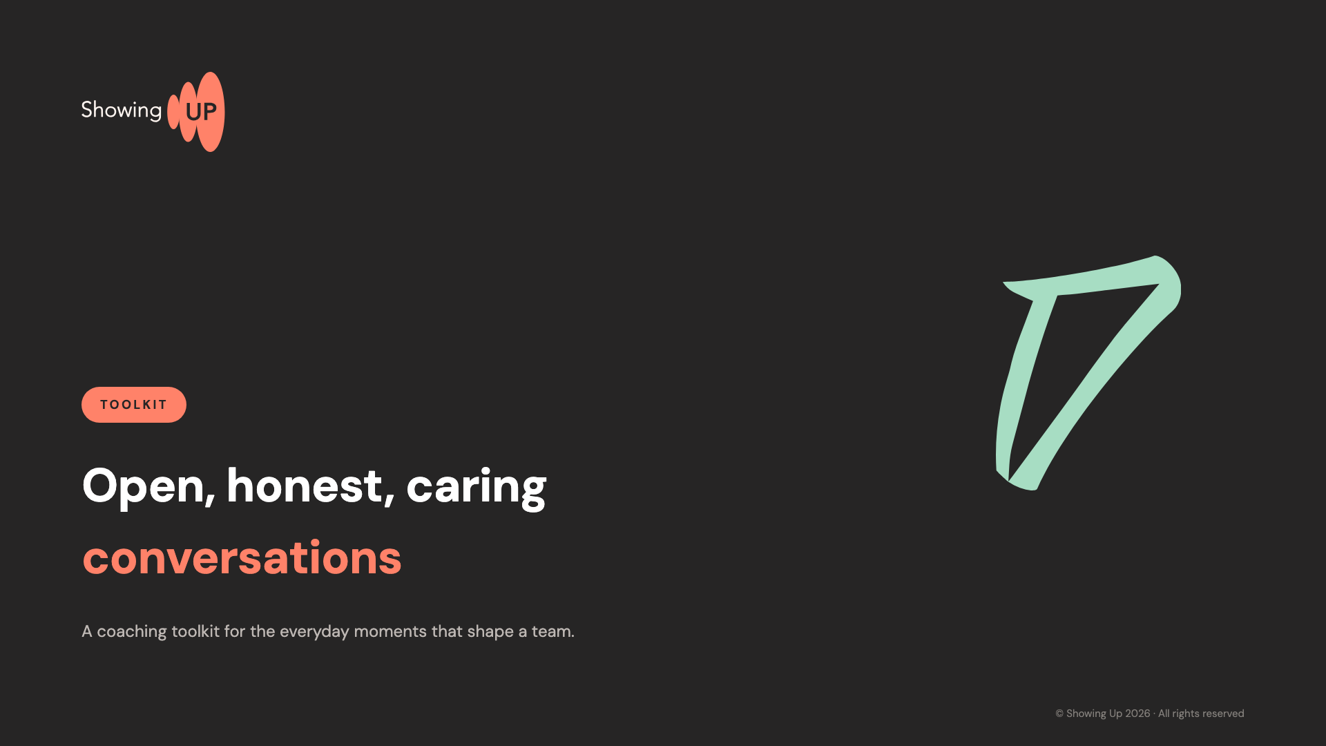 Coaching toolkit card: the Showing Up lockup, a coral TOOLKIT badge, the line 'Open, honest, caring conversations', and the mint calligraphic mark of the Coaching dimension.