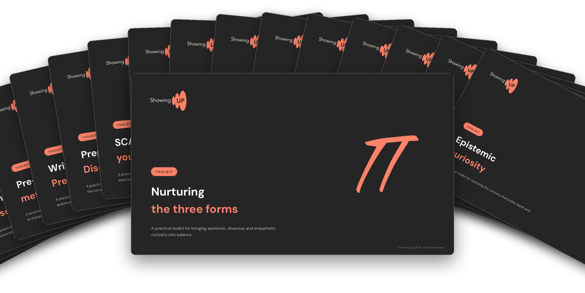 Seventeen Showing Up toolkit covers fanned out, led by Nurturing the Three Forms of Curiosity