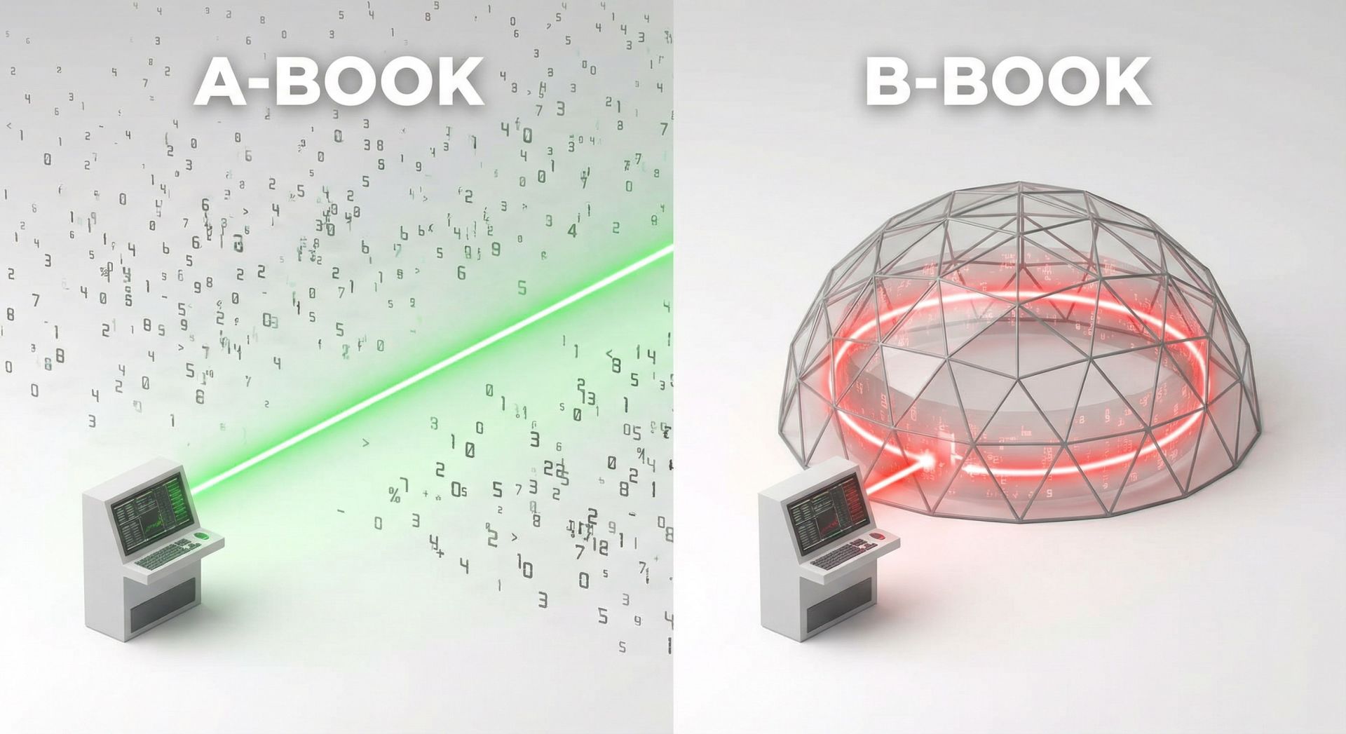 Conceptual diagram comparing A-Book agency execution versus B-Book market maker internal processing