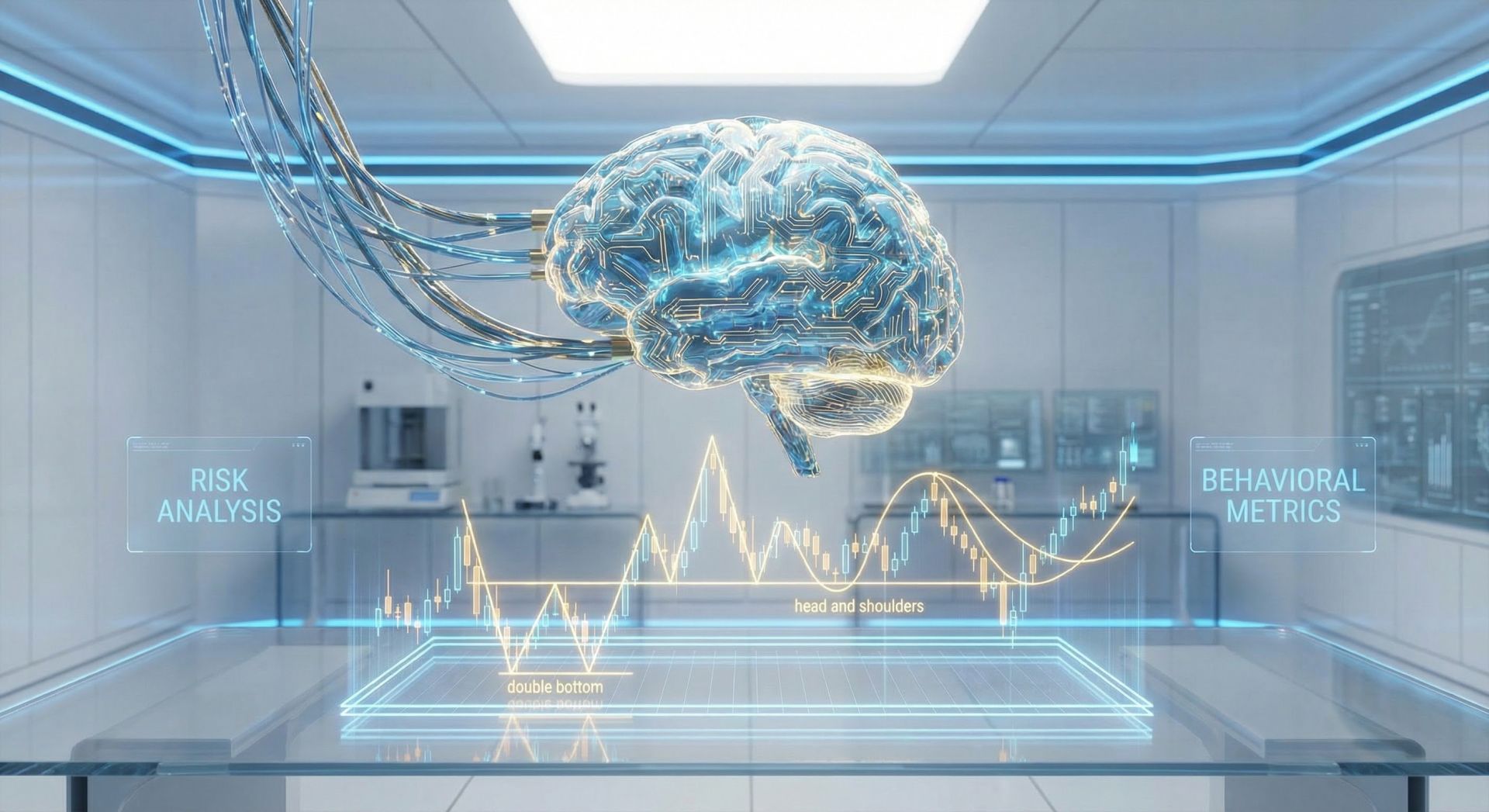 A futuristic representation of Artificial Intelligence analyzing trading charts and trader behavior for educational purposes