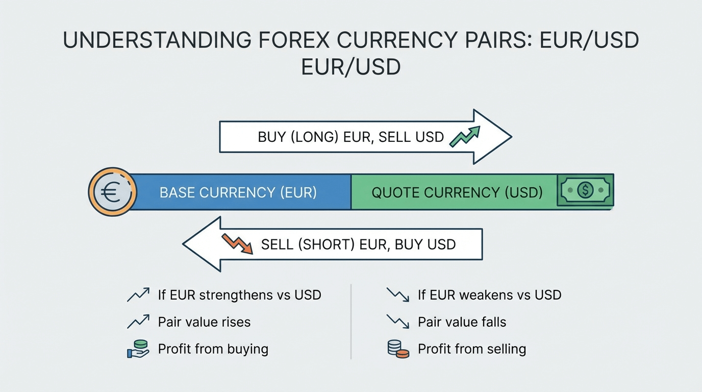 Visual explanation of how forex currency pairs work, including base and quote currencies