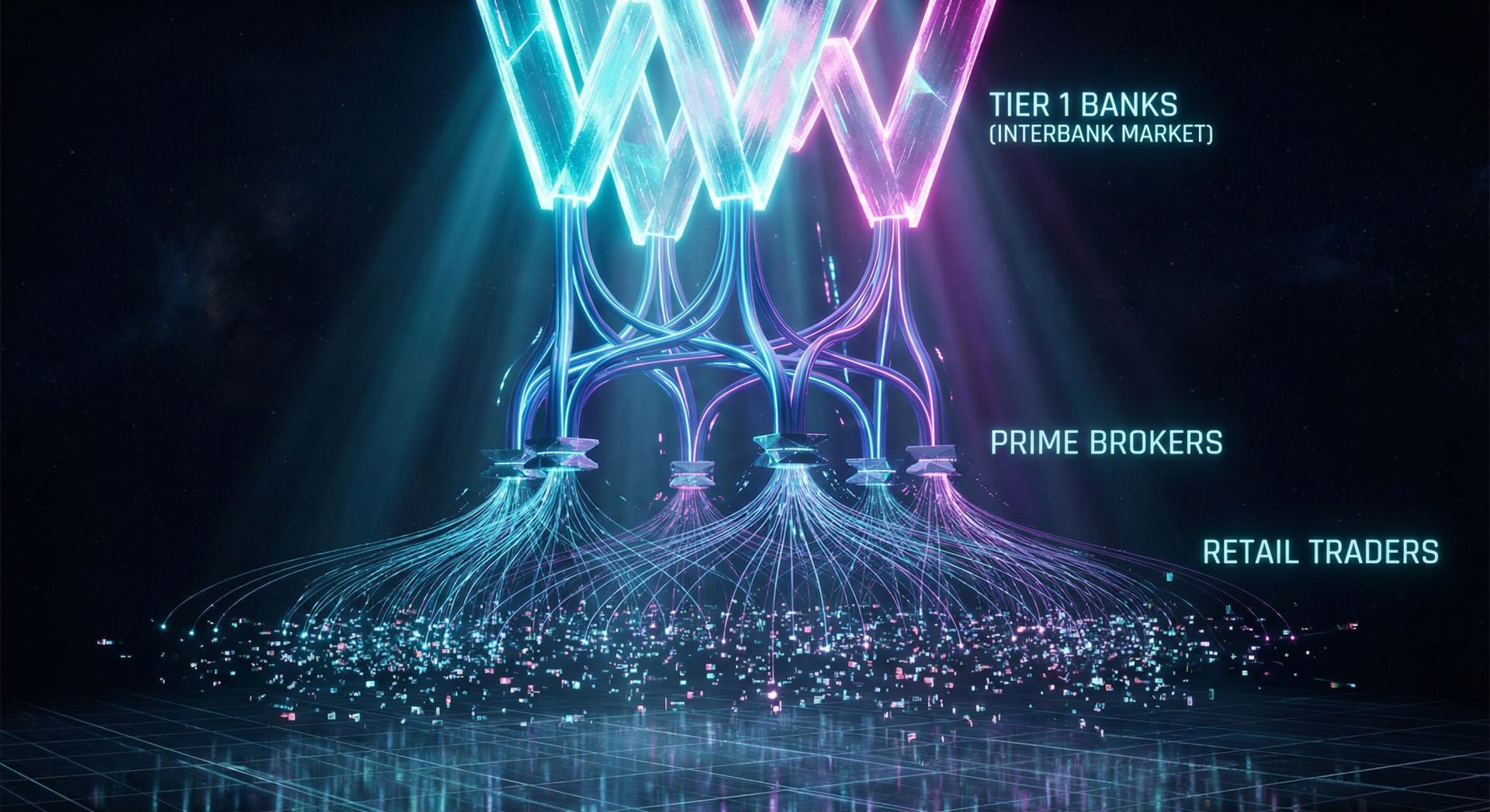 A visual hierarchy of the wholesale FX market showing Tier 1 liquidity providers, prime brokers, and the retail layer.