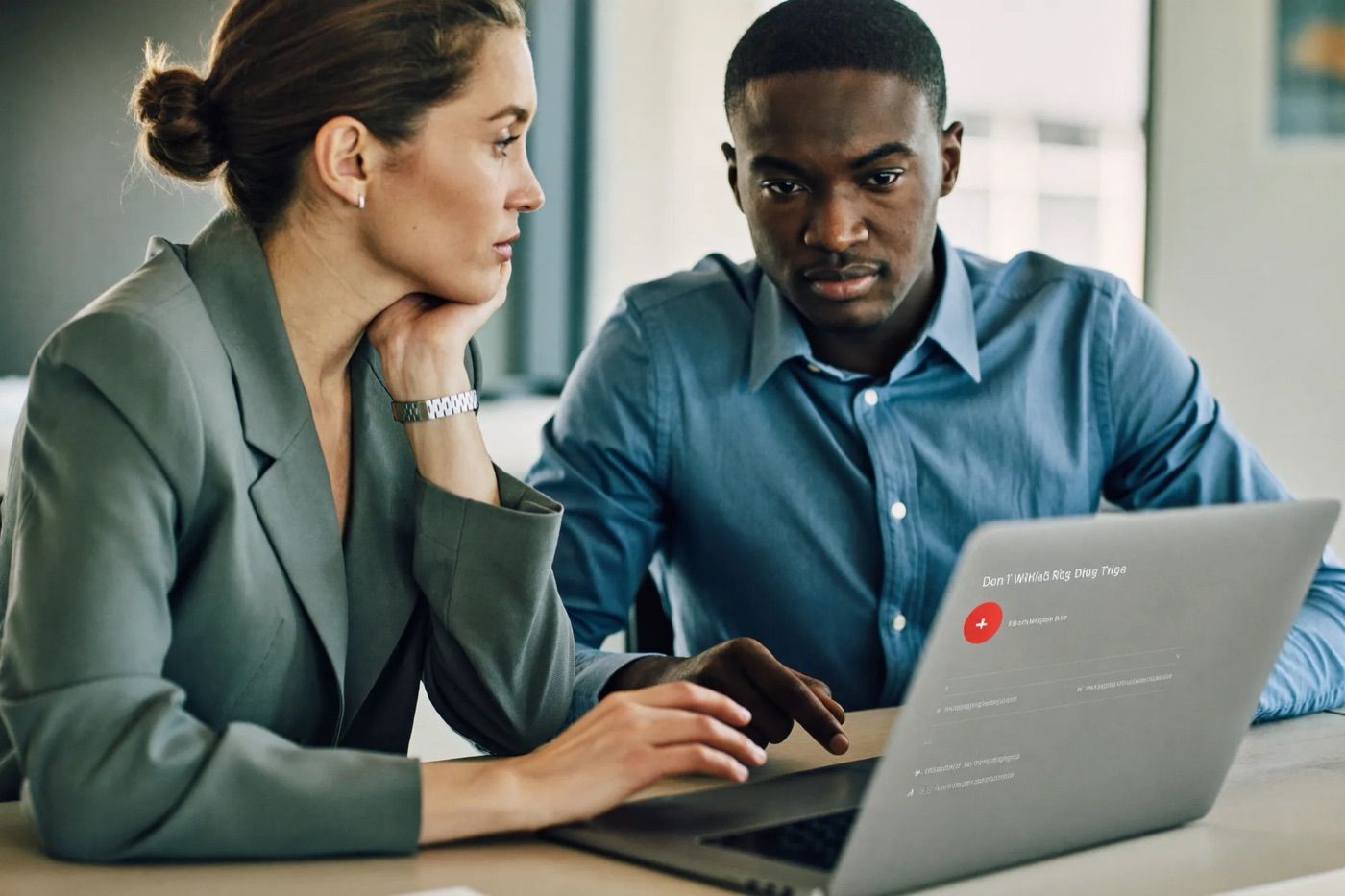 Two risk and compliance professionals reviewing third-party risk on a laptop