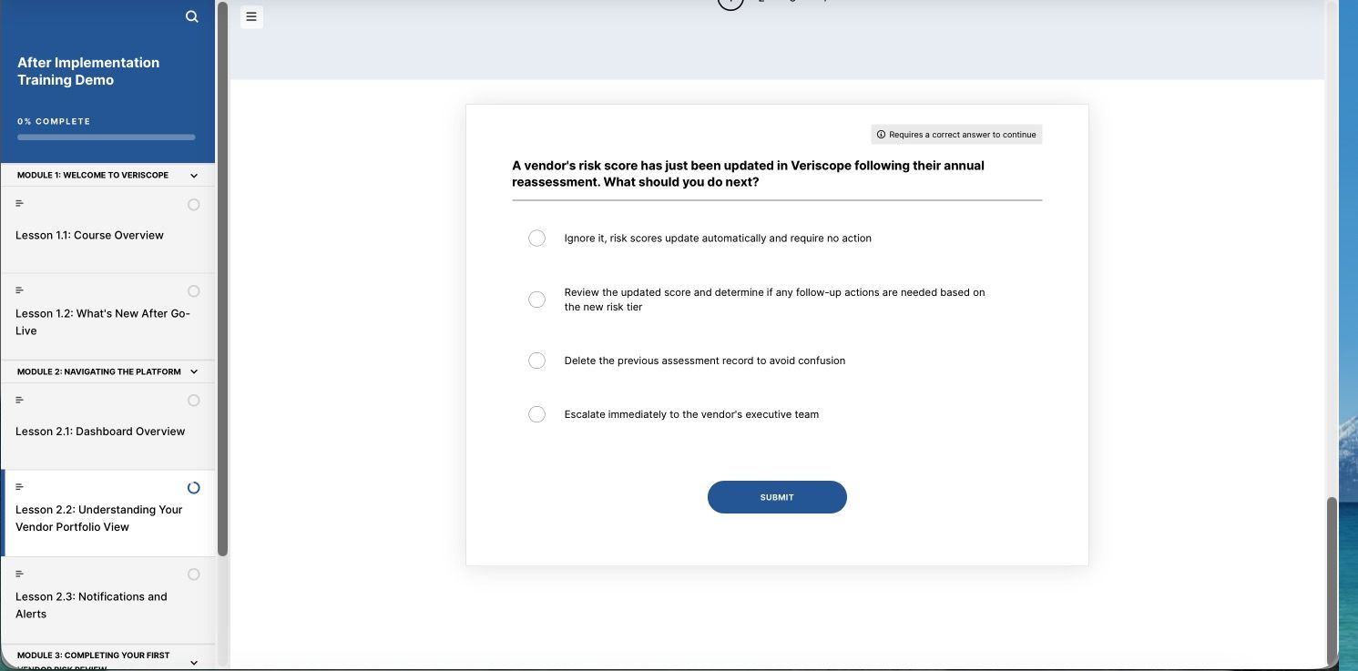 A scenario knowledge check asking what to do when a vendor risk score changes