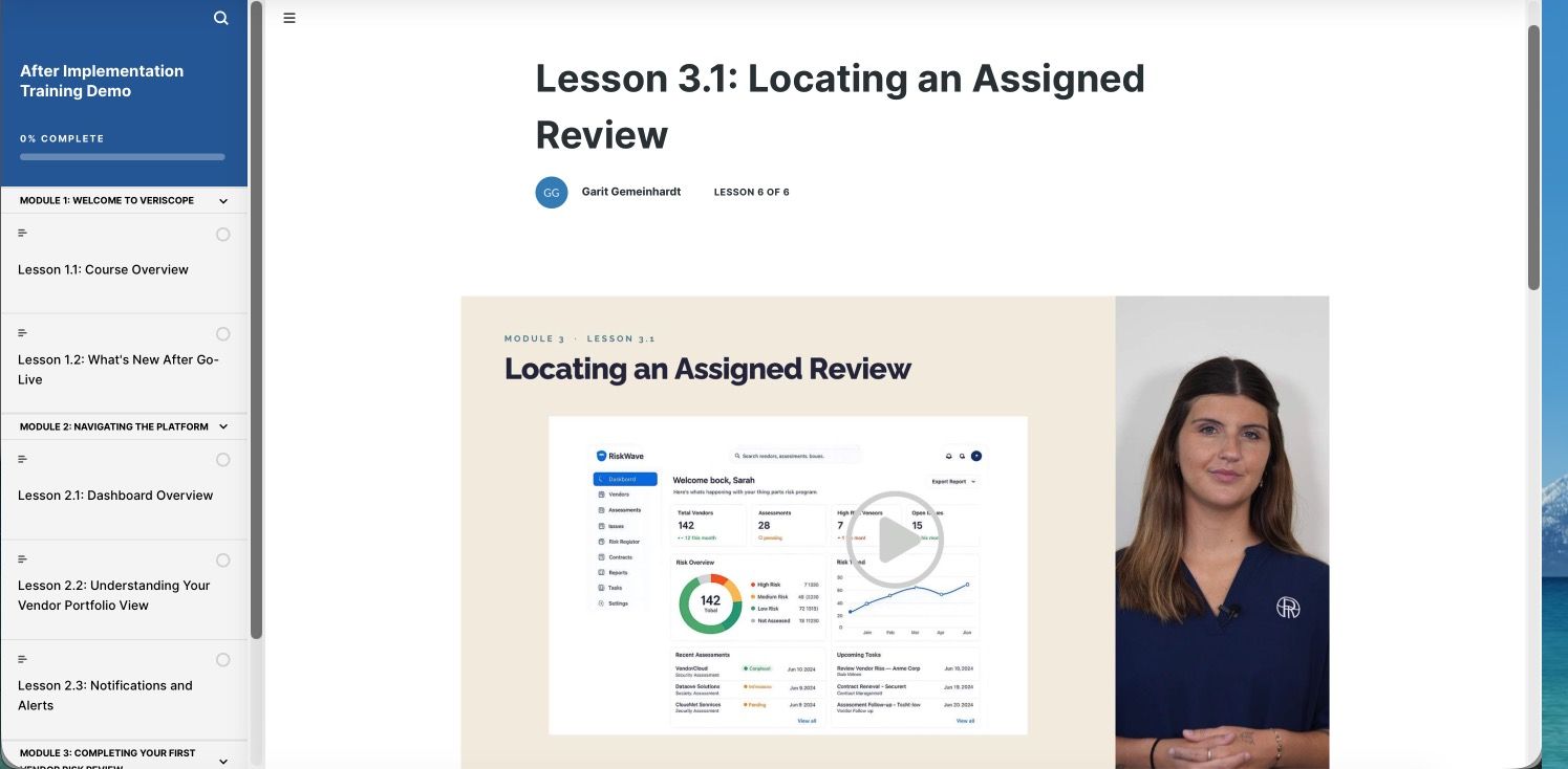 A course lesson titled Locating an Assigned Review, with the module list on the left and a video walkthrough of the vendor risk platform