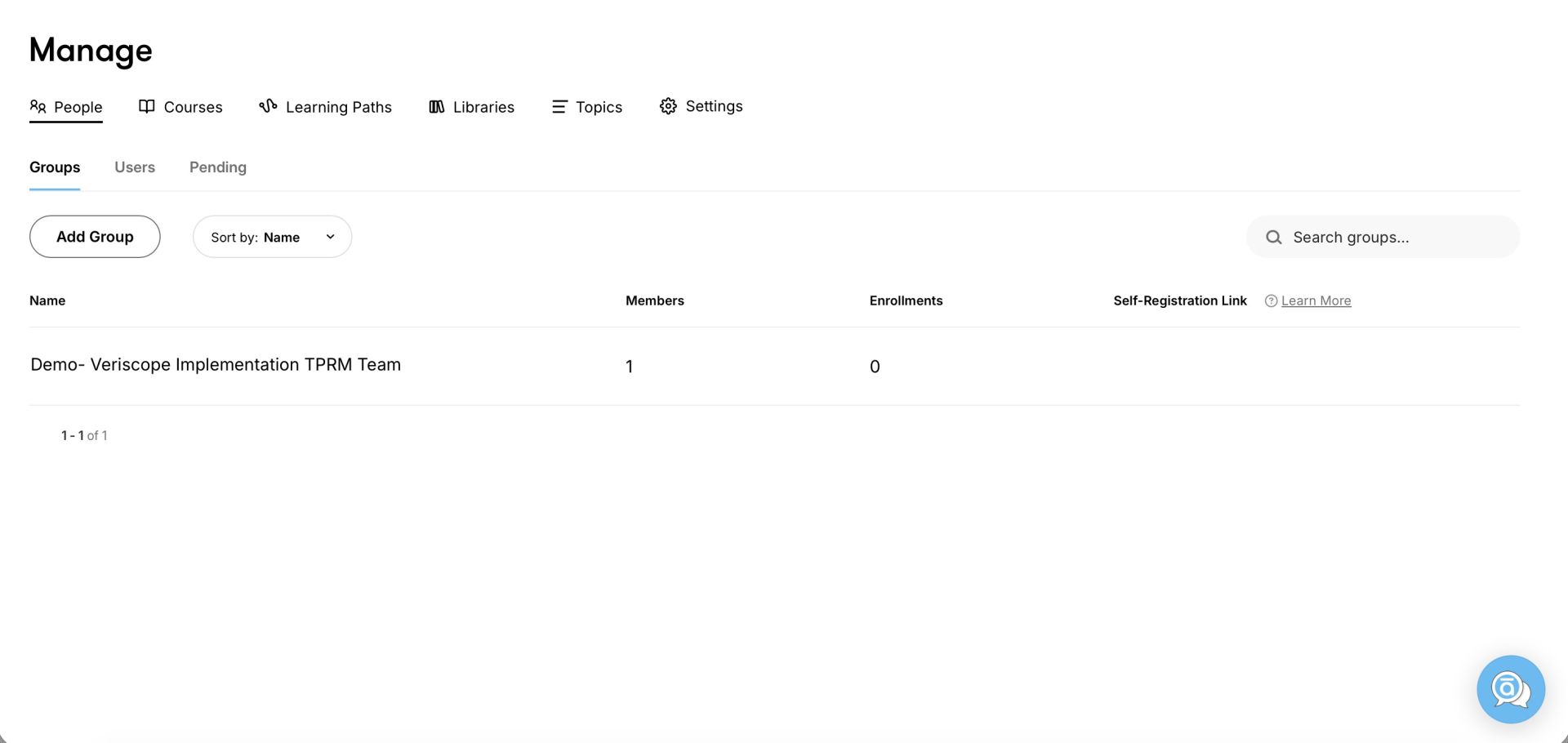 Admin view listing a training group with member and enrolment counts