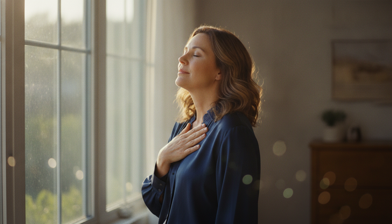 A woman standing by a window, eyes closed, one hand resting on her chest, in soft morning light