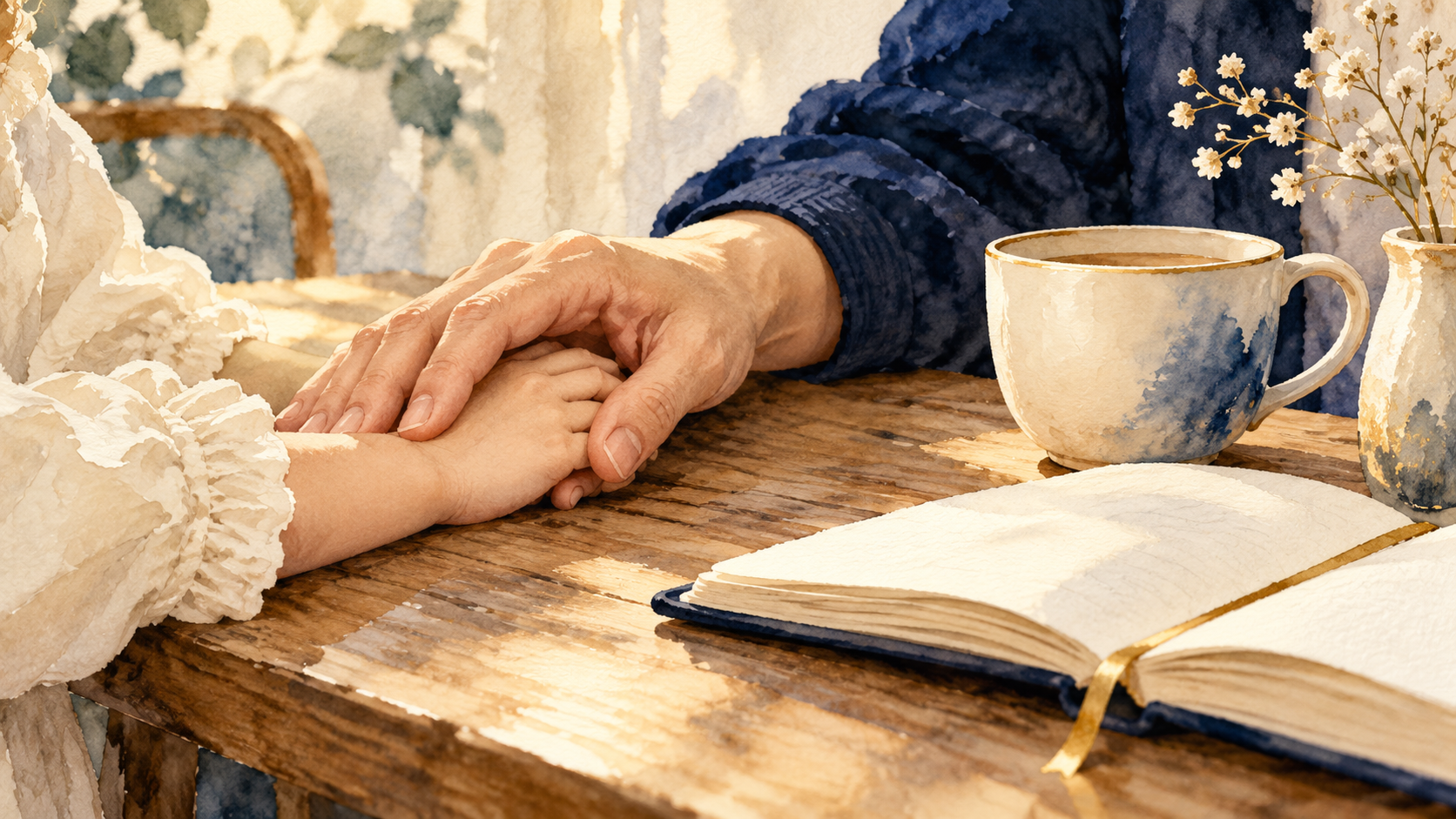An adult’s hand resting gently on a child’s hand, on a wooden table