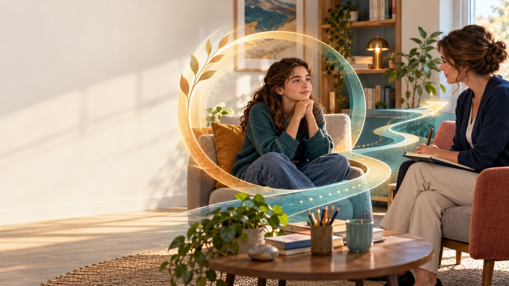 Illustration: a teenage girl sitting in an armchair, surrounded by a ribbon of golden light that stretches out into a path, facing a therapist who listens and takes notes.