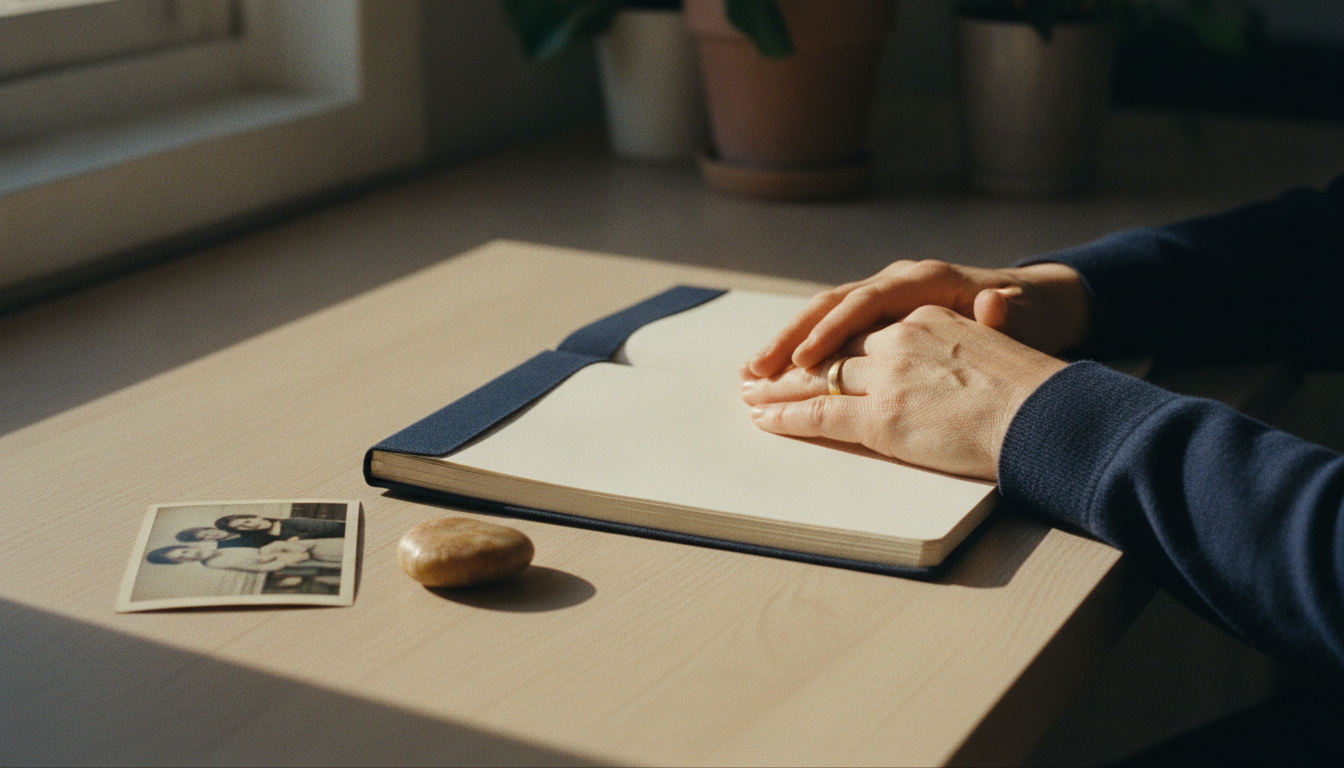 A hand resting on an open notebook in soft light, evoking the memory of a resource