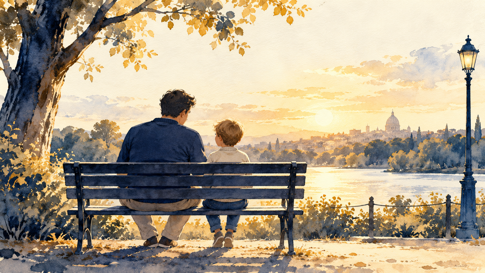 A parent and child sitting on a bench, seen from behind, facing the sunset