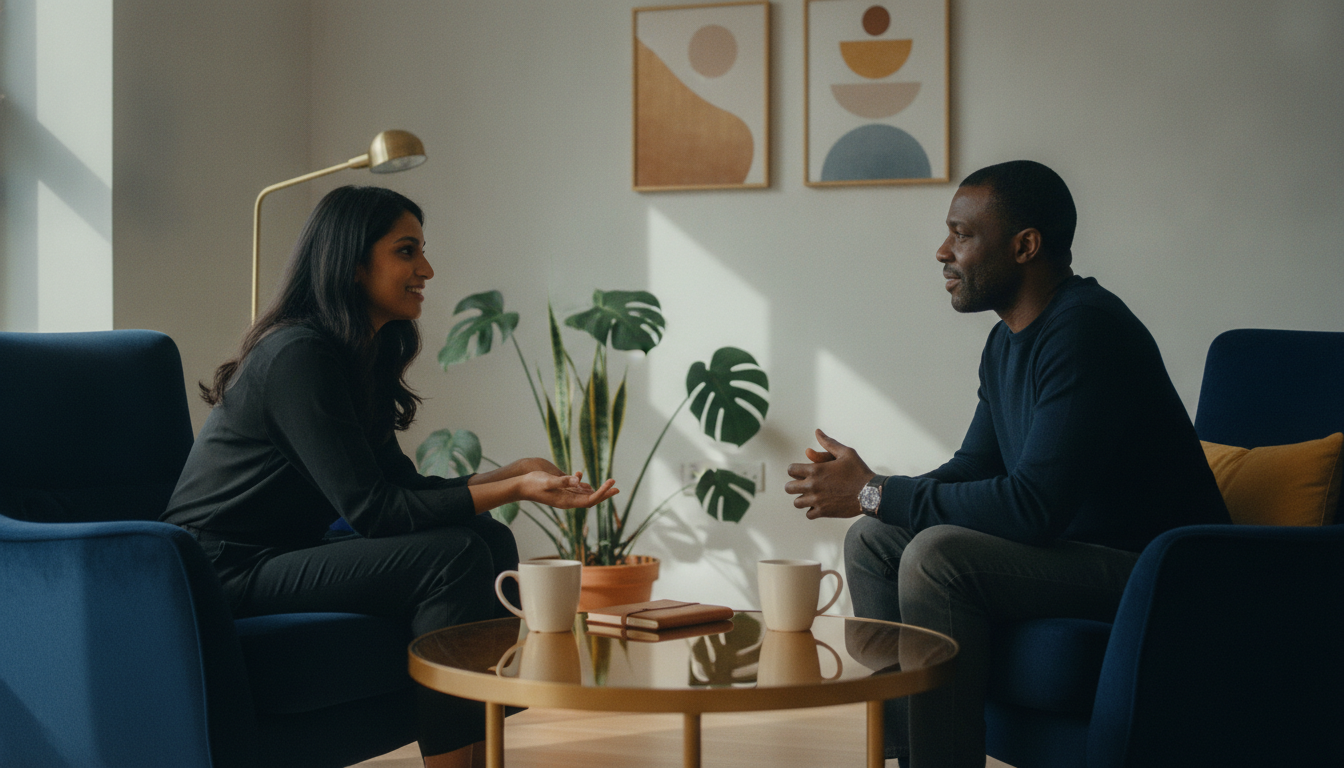 Two people sitting facing each other in a bright office, in conversation, two cups on a coffee table