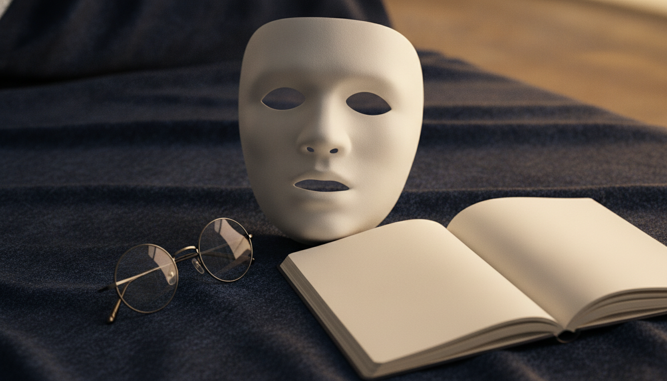 A white theatre mask lying on midnight-blue fabric, next to a pair of glasses and an open notebook