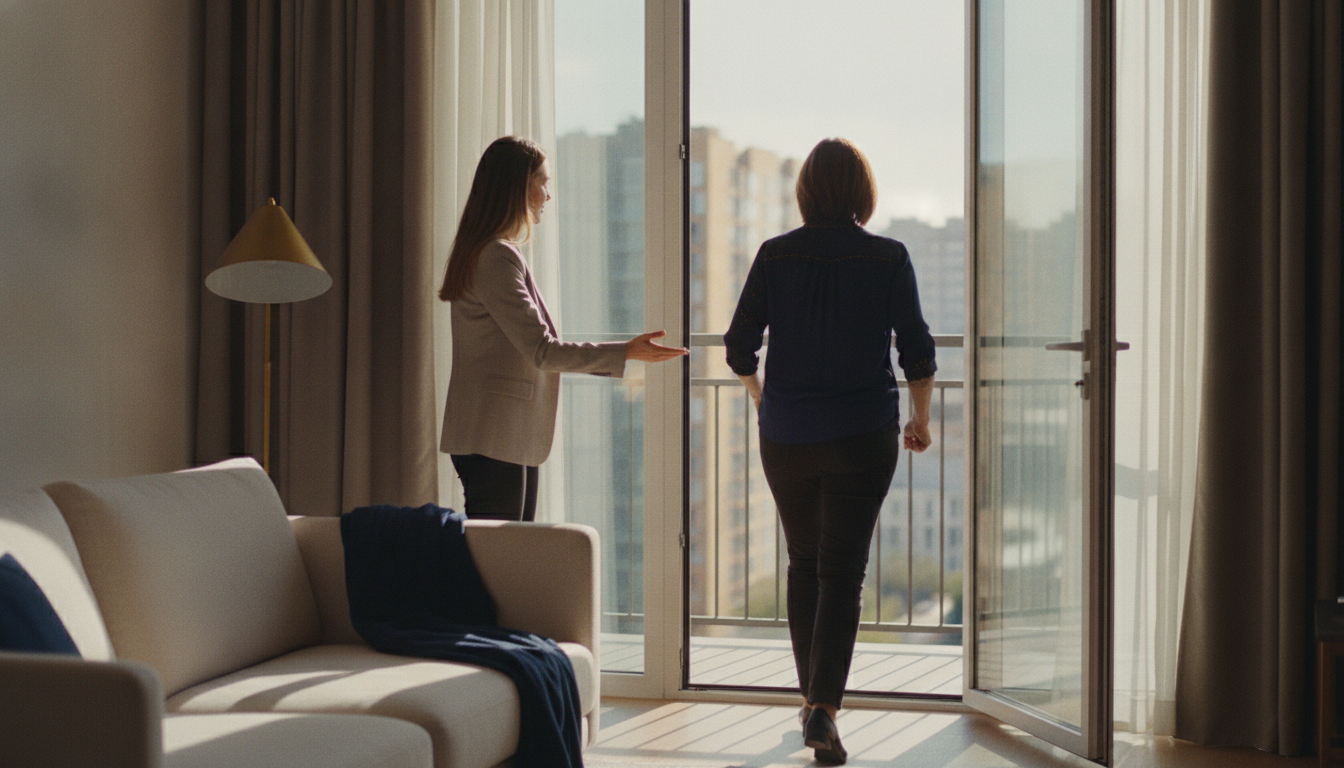 A patient stepping towards an open balcony, accompanied by her therapist