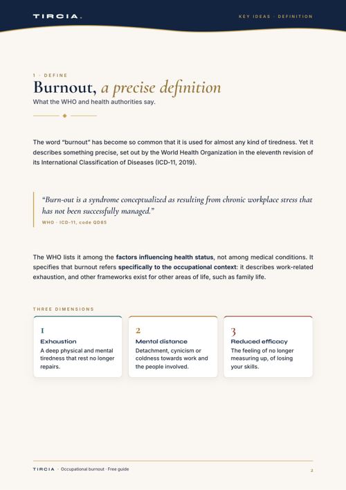 The WHO definition and the three dimensions of burnout