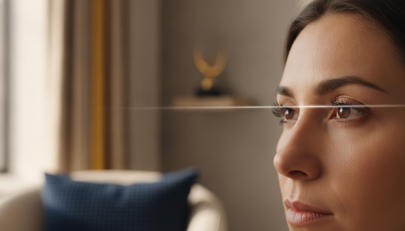 A woman's gaze follows a thin horizontal line of light