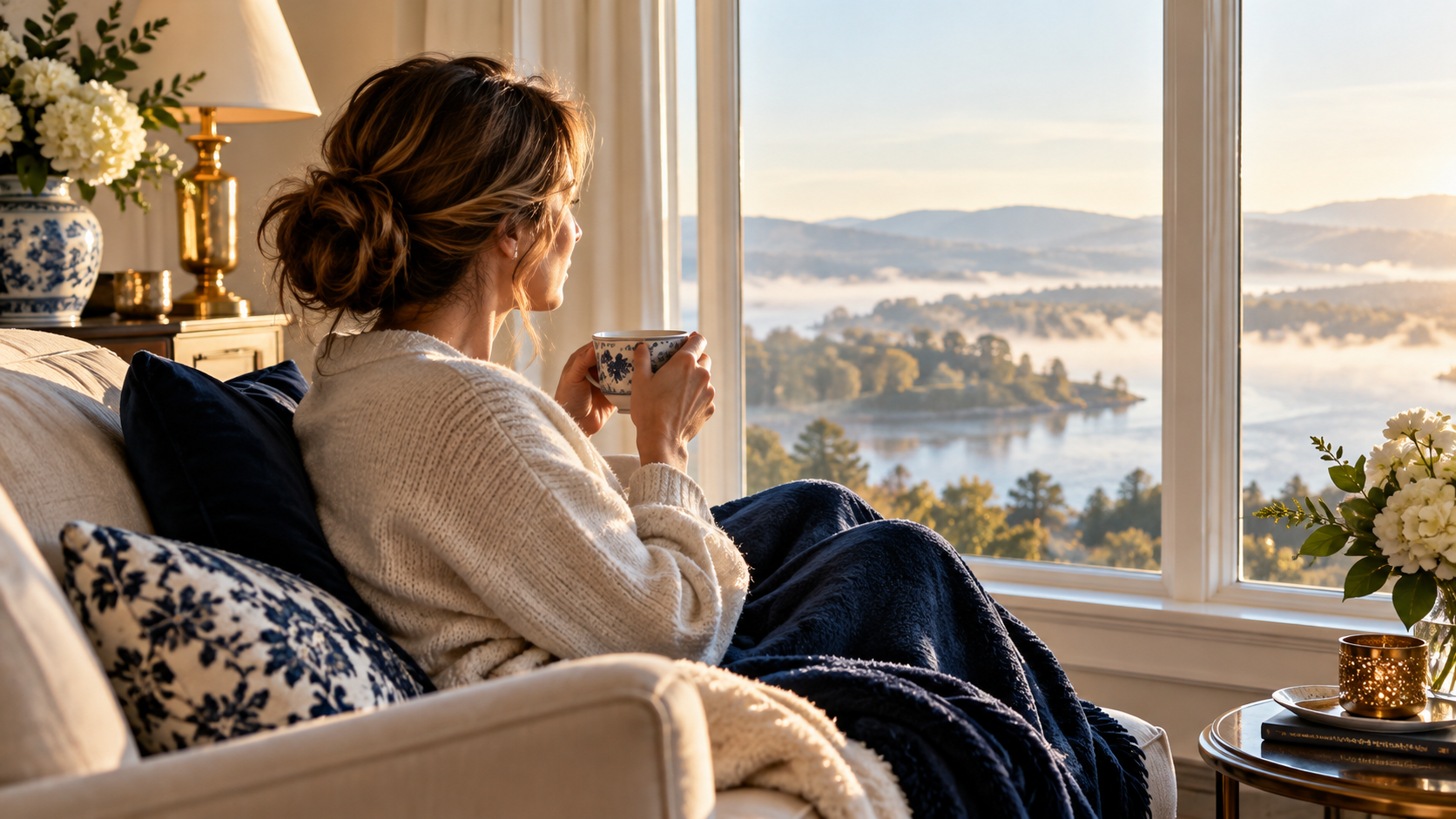 A woman wrapped in a blanket, a cup of tea in her hand, looking out of the window at a landscape in the morning light