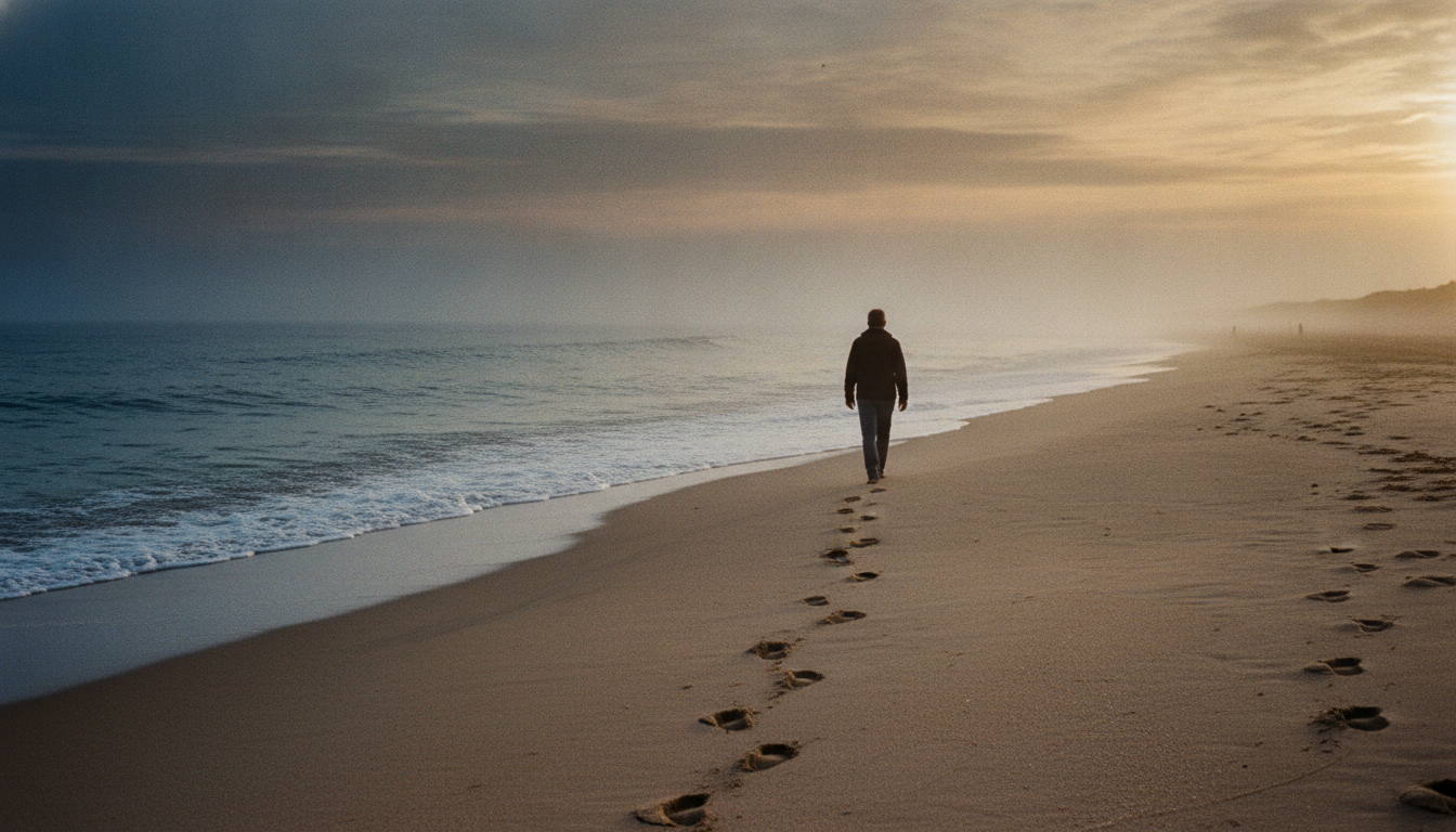 A person seen from behind walking alone on a beach in the early morning, leaving footprints in the sand
