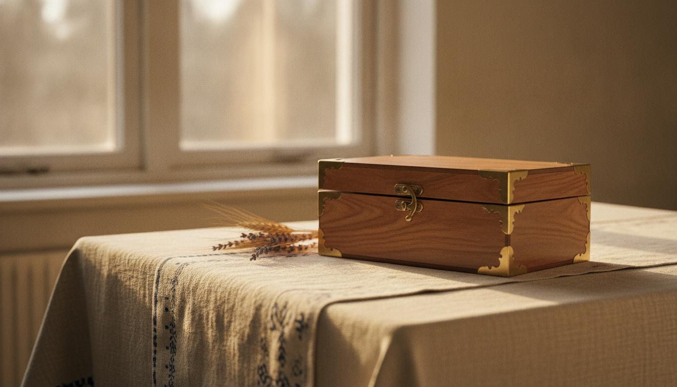 A wooden chest with its lid slightly open on a table, in soft light