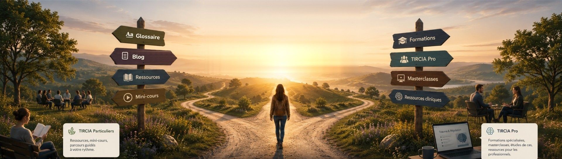 Une femme marche vers deux chemins : TIRCIA Particuliers et TIRCIA Pro