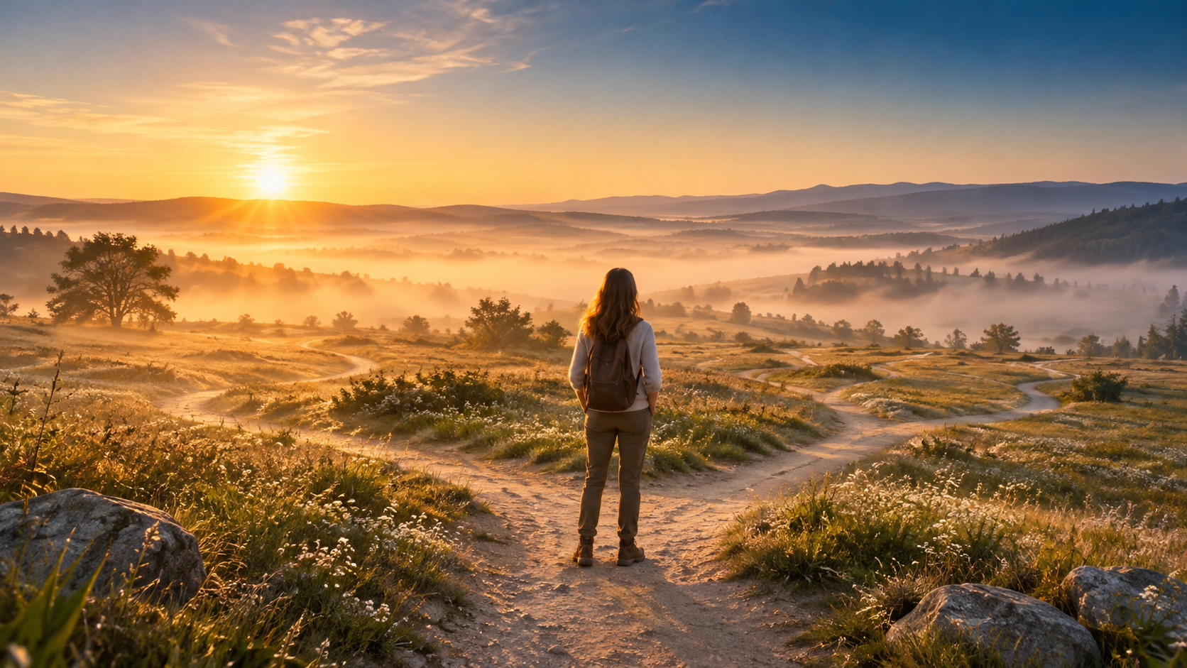 A person standing at a crossroads of paths in a meadow at sunrise, calmly looking in the different directions