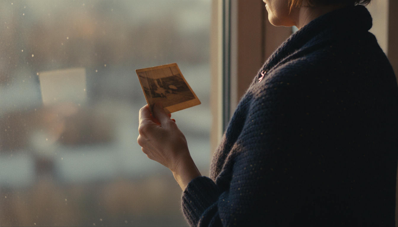 A woman, seen from behind, holds an old photograph near a window at dawn