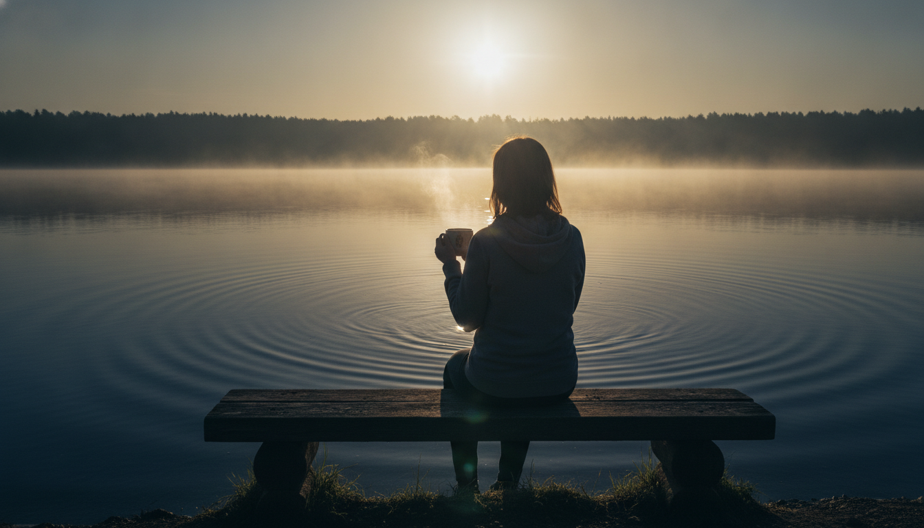 A person sitting on a bench facing a lake at sunrise, holding a steaming mug