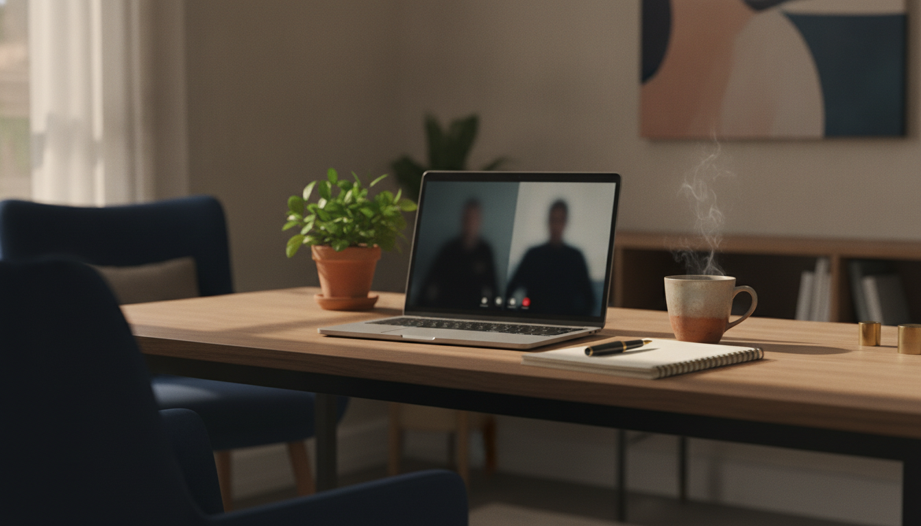 Bureau calme avec un ordinateur portable ouvert sur un appel vidéo flou, un carnet et une tasse