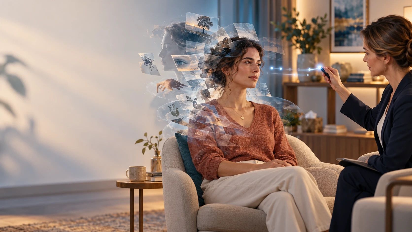 Illustration: in a warm consulting room, a client sits in an armchair, surrounded by fragments of images and memories drifting away from her, while a therapist guides her gaze with a small light.