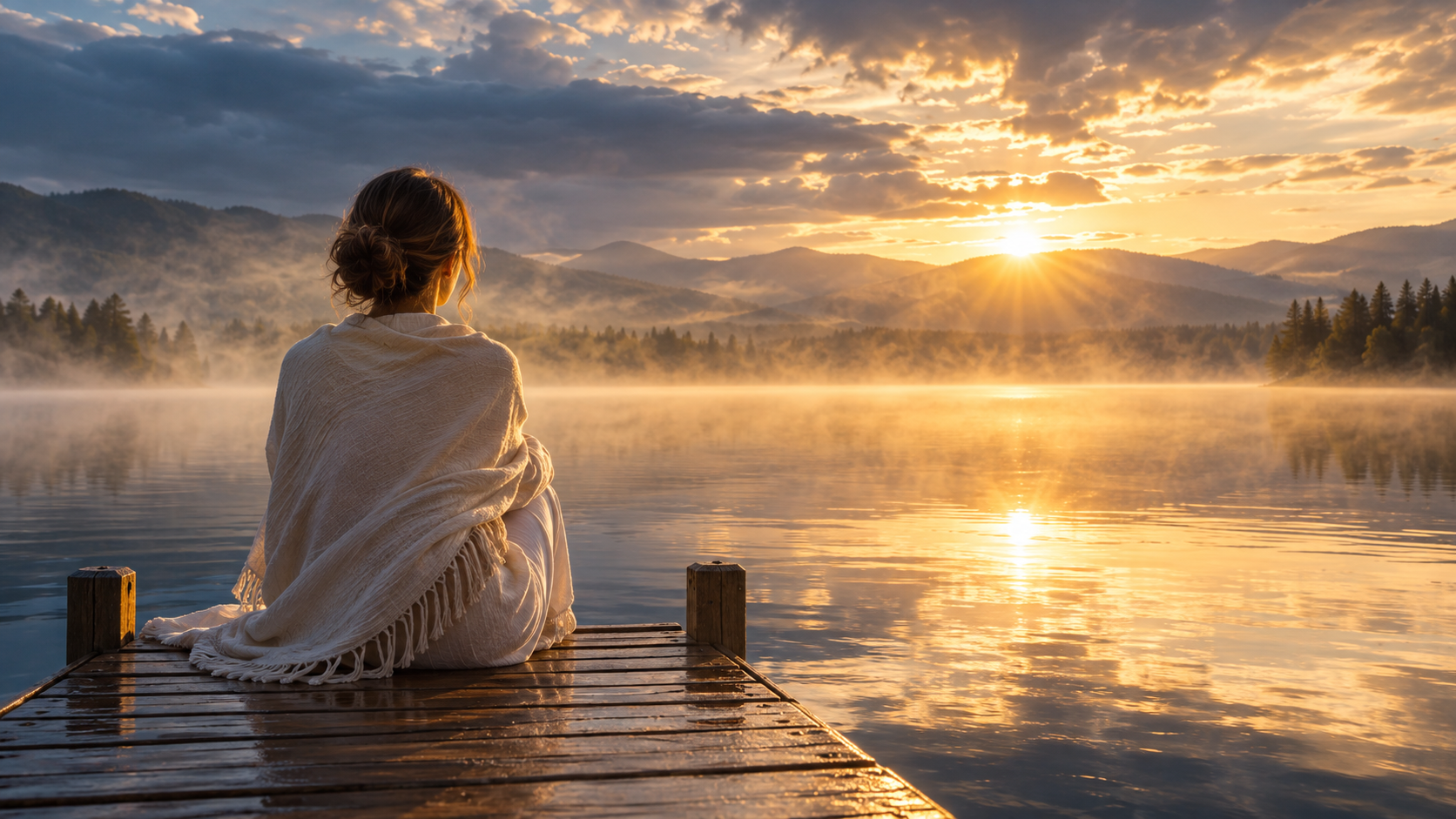A woman sitting at the end of a jetty facing a calm lake at sunrise, with mist rising from the water