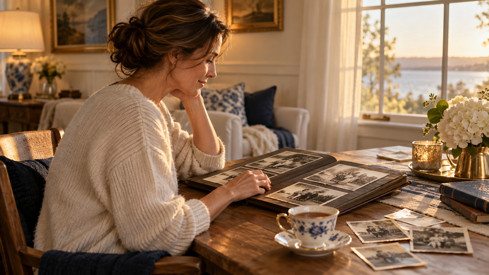 A woman looks tenderly at an old family photo album open on a table, near a window