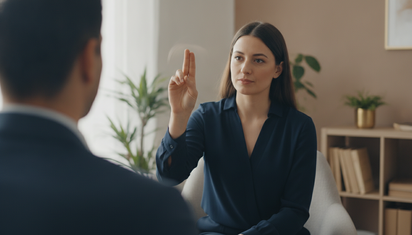 EMDR session: the therapist raises two fingers at the eye level of the patient, seen from behind