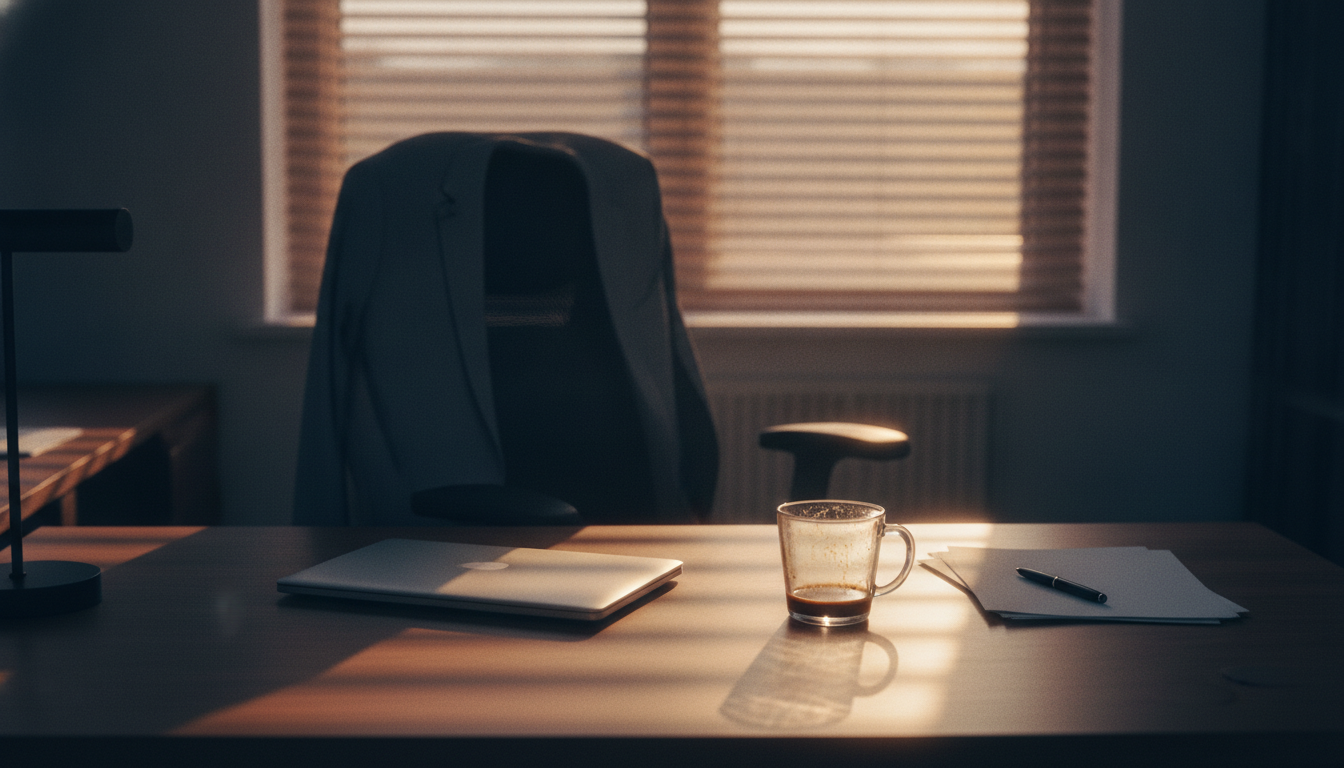 An empty office at the end of the day, a jacket hung over the back of a chair, golden evening light