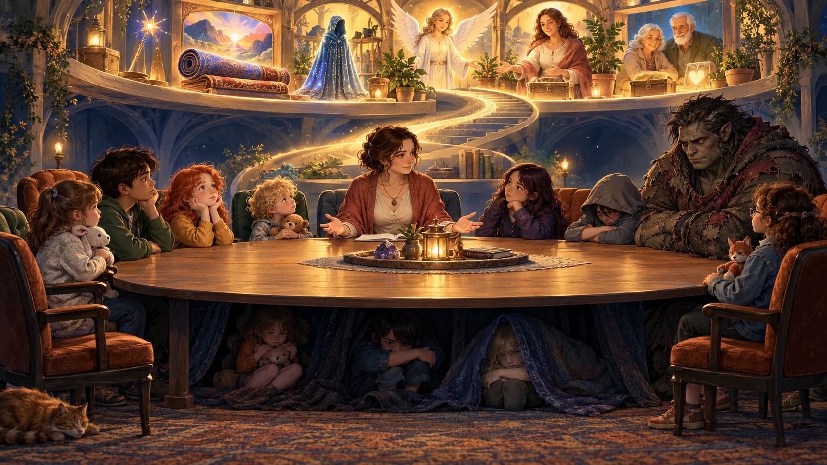 Illustration: around a large table, a woman welcomes children and a gruff-looking giant; other children stay hidden under the table, and kindly figures look on from a balcony.