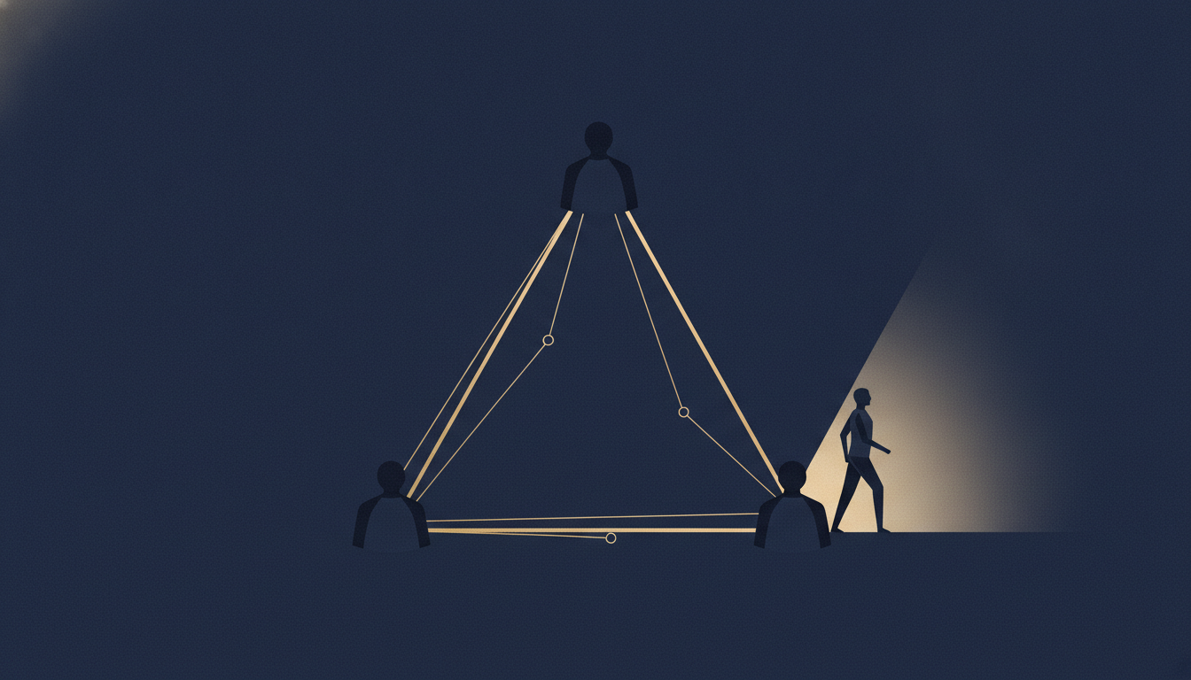 Three silhouettes linked by a golden triangle against a midnight-blue background; a fourth steps out of it and walks towards the light
