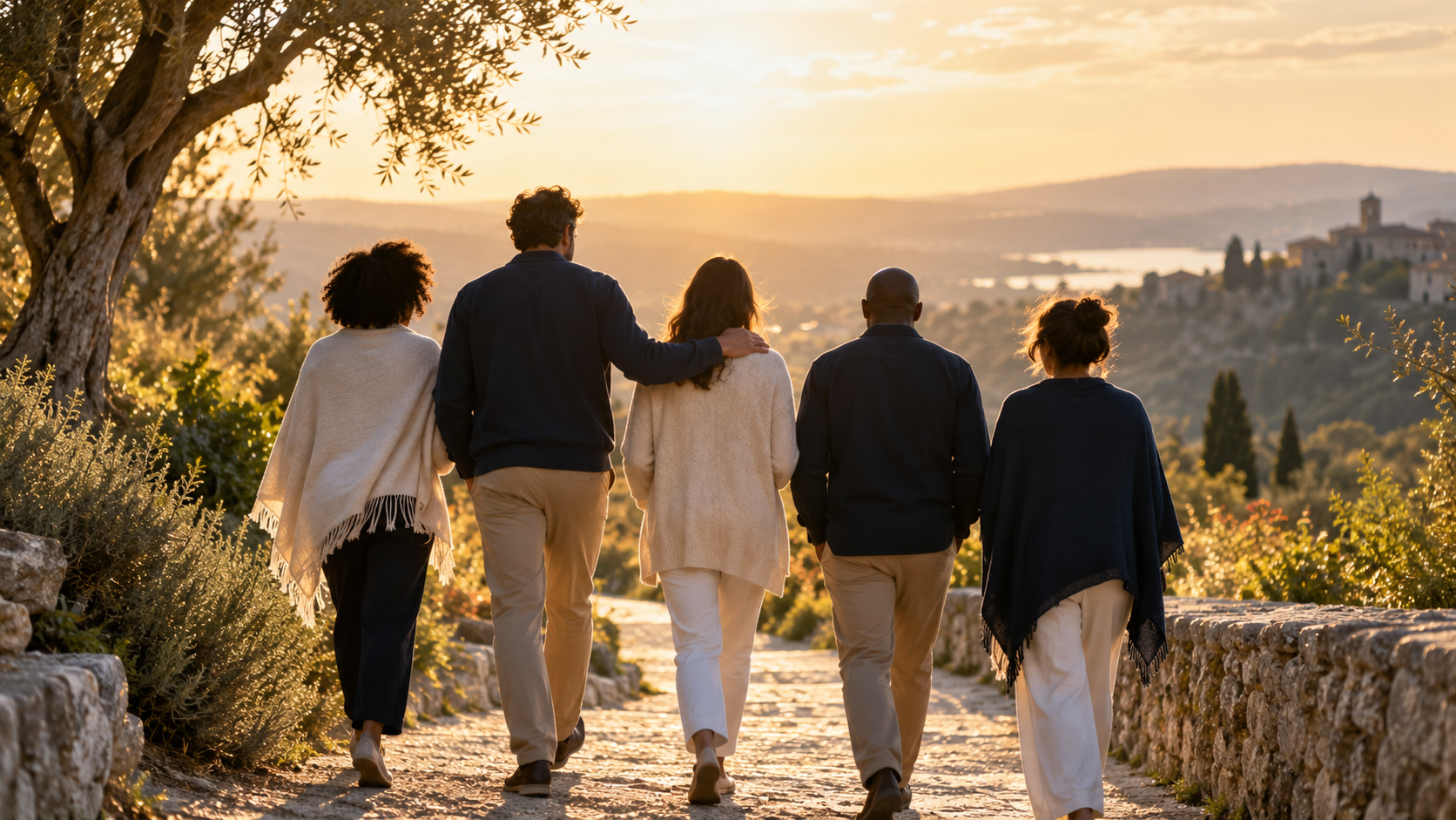 Adults walking together, seen from behind, along a golden path towards the horizon
