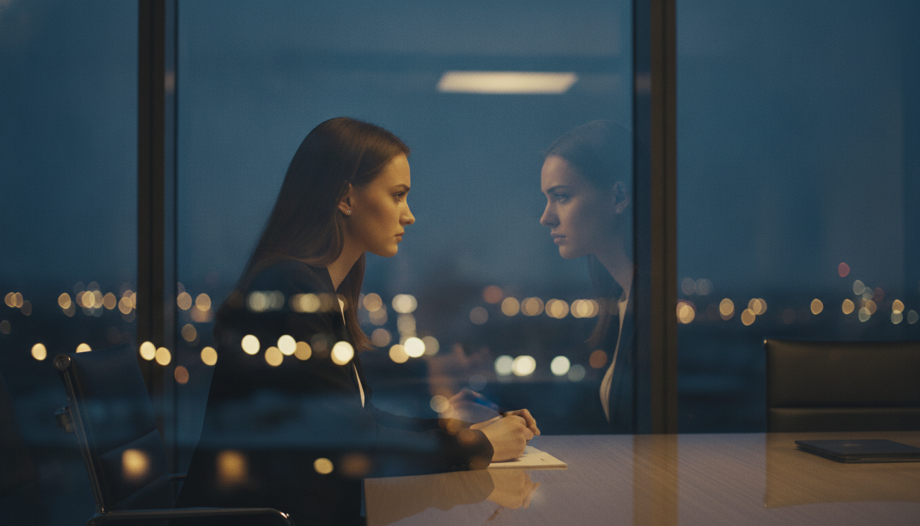 A young woman sitting alone in a meeting room, looking at her reflection in the window at dusk