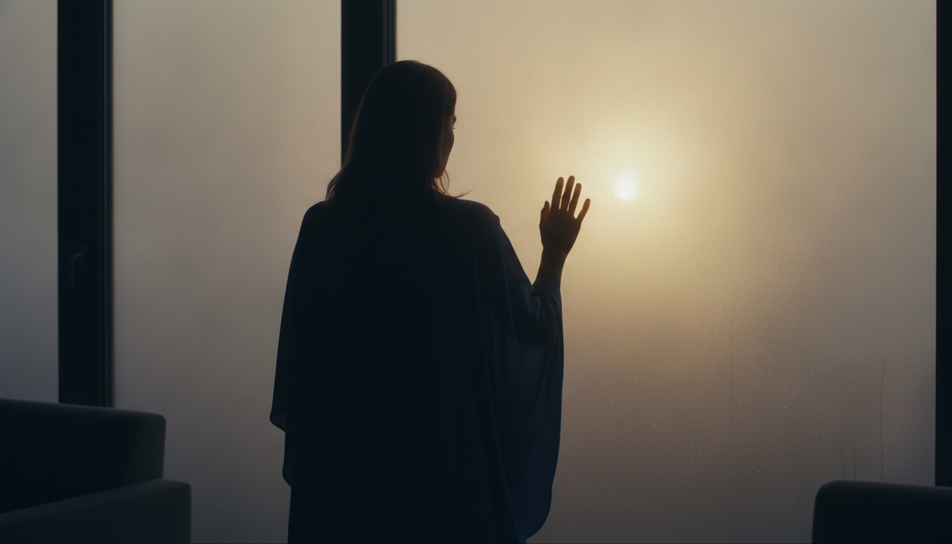 Silhouette of a woman seen from behind in front of a misted window, her hand raised towards the morning light