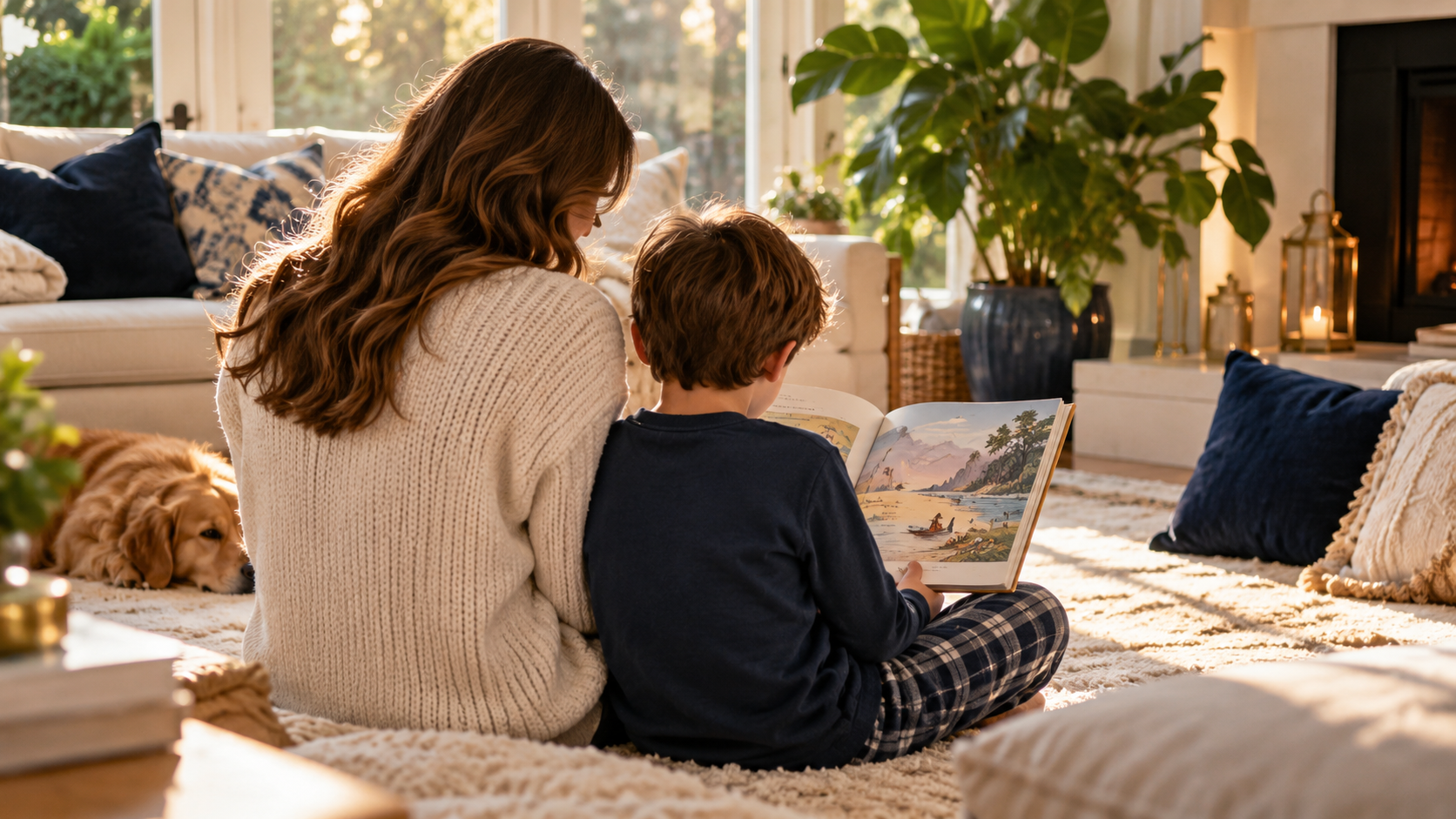 A parent and child reading an illustrated book together in a warm living room