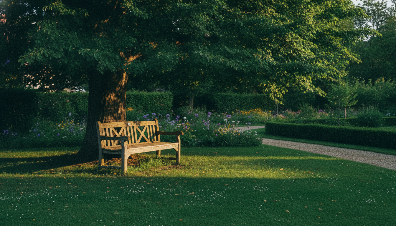 A bench beneath a large tree in a quiet garden, in the golden light of late afternoon