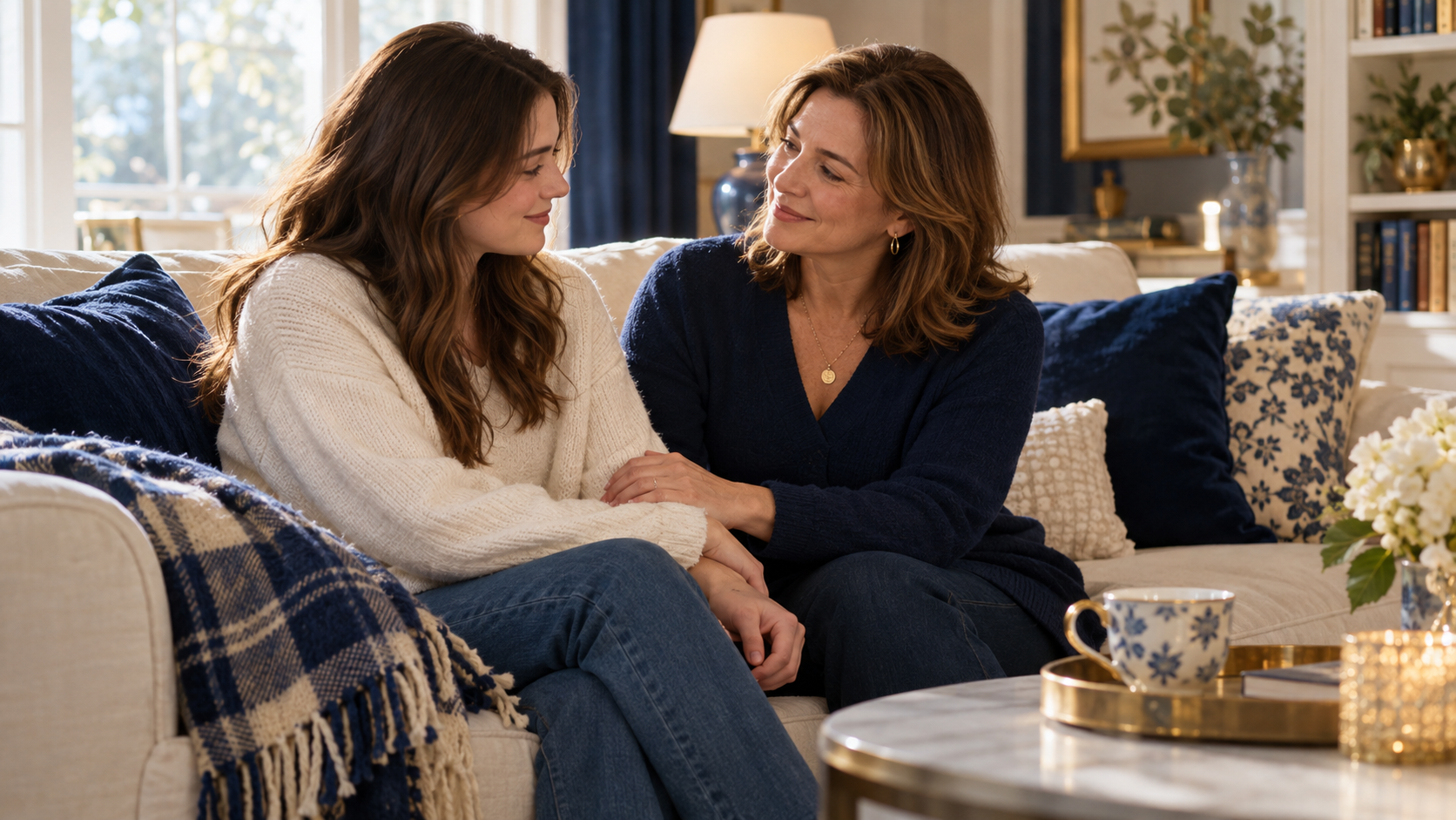A young woman and her mother sitting side by side, in a calm conversation