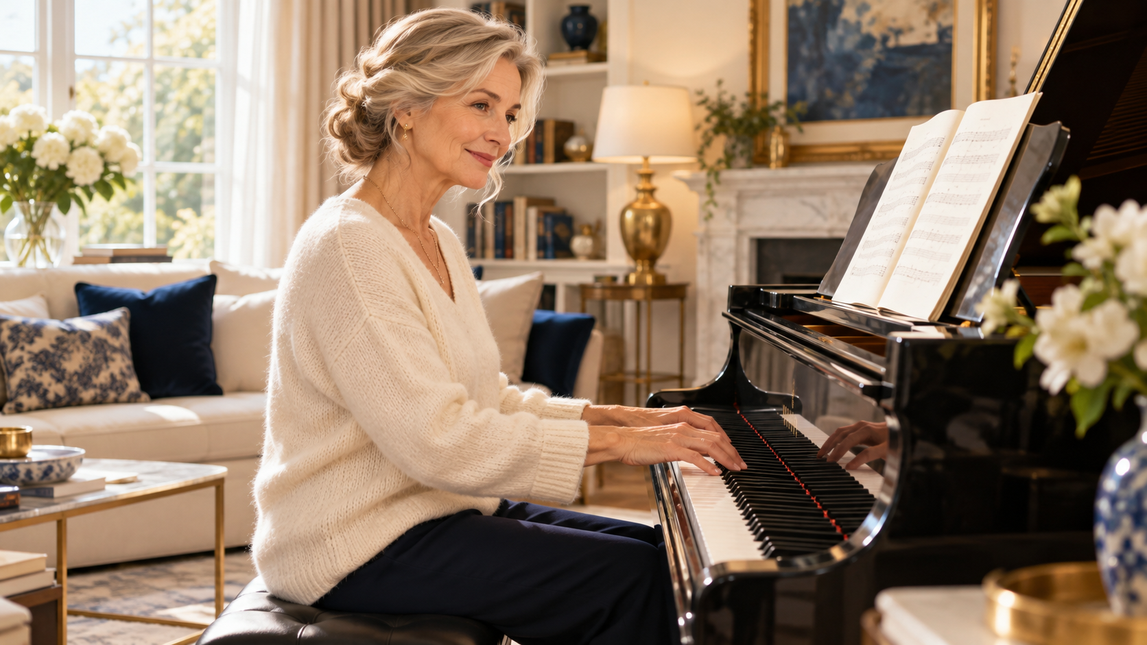 A smiling woman learning to play the piano in a bright living room, an open score in front of her