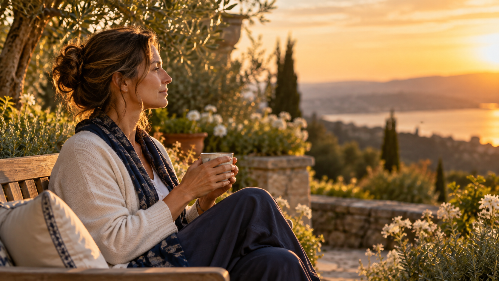 A health professional sitting alone on a garden bench at the end of the day, a cup in her hands, taking a moment for herself