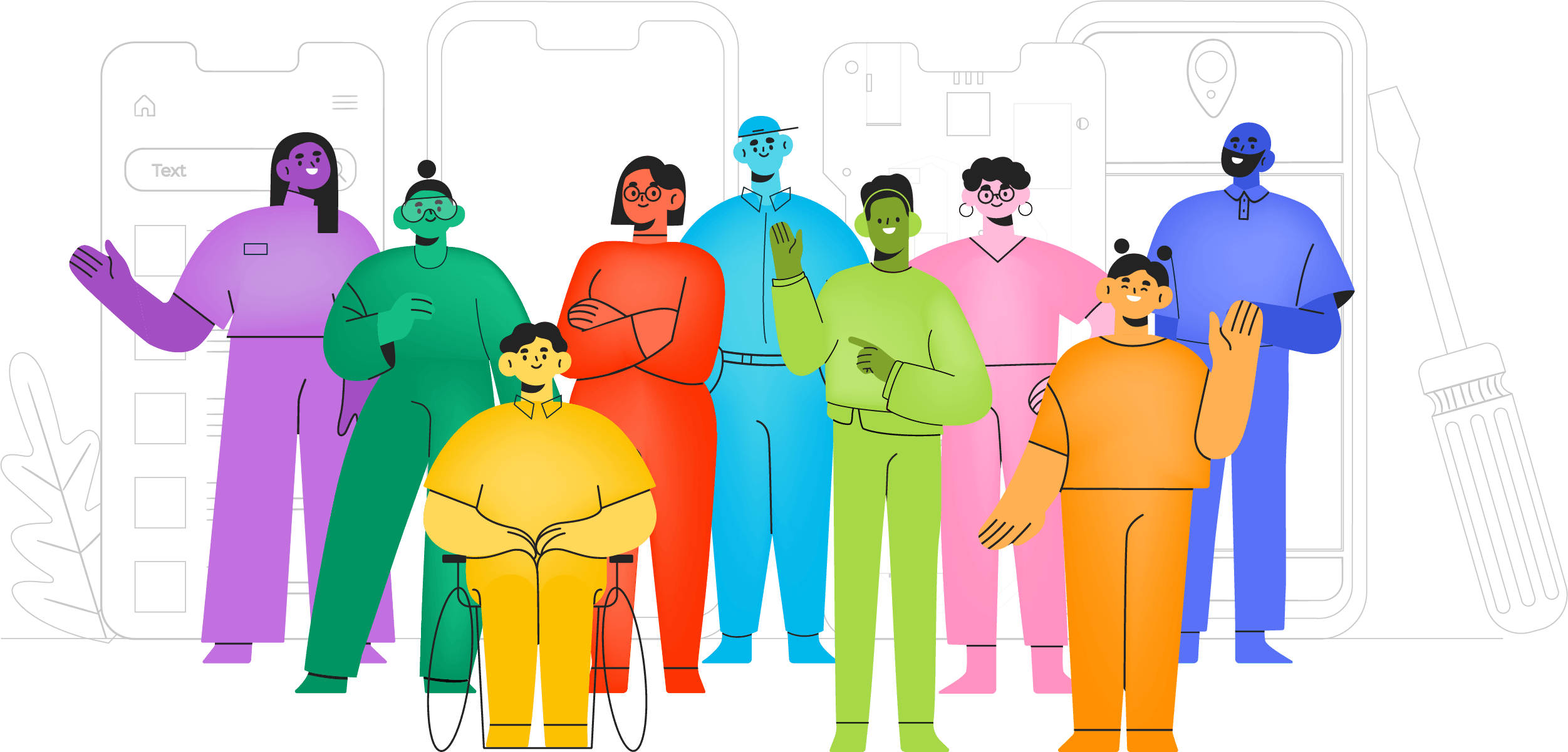 Illustration of a diverse group of people, standing in front of large smartphone illustrations and a screwdriver, representing teamwork in a tech or app development setting.