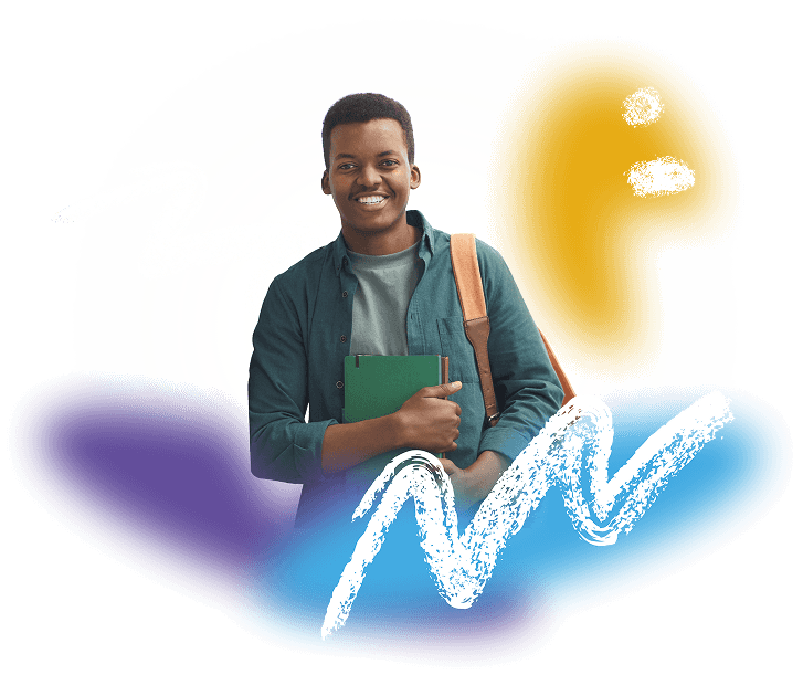 A young Black man smiles broadly, holding a notebook and carrying a shoulder bag, suggesting he is a learner or student. He is set against a dark background with purple, yellow and blue glows and white brushstroke marks framing the composition.
