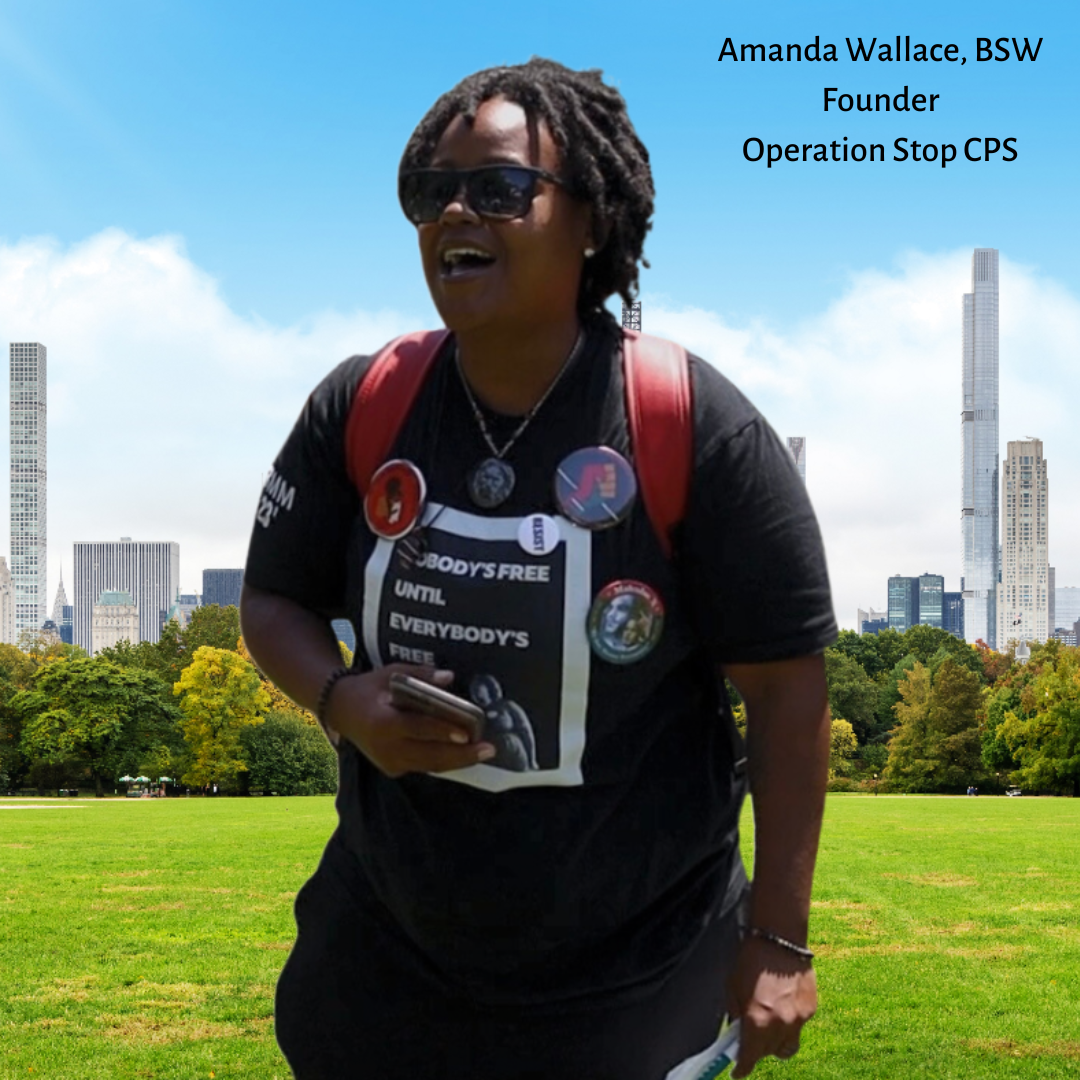 Amanda Wallace, BSW—movement leader and founder of Operation Stop CPS, fighting systemic injustice in the child welfare system—standing in a park with a city skyline behind her, wearing a 'Nobody's Free Until Everybody's Free' shirt, featured for her Doin' The Work podcast episode.