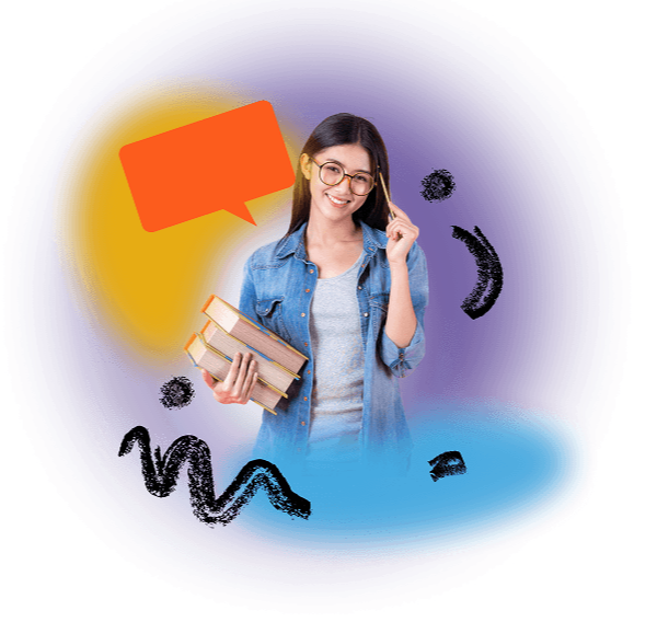A young East Asian woman wearing glasses and a denim shirt smiles and holds a stack of books in one hand while raising a pencil thoughtfully in the other. She is set against an abstract dark background with colourful glows in yellow, purple and blue, with black brushstroke marks and an orange speech bubble graphic framing the composition.