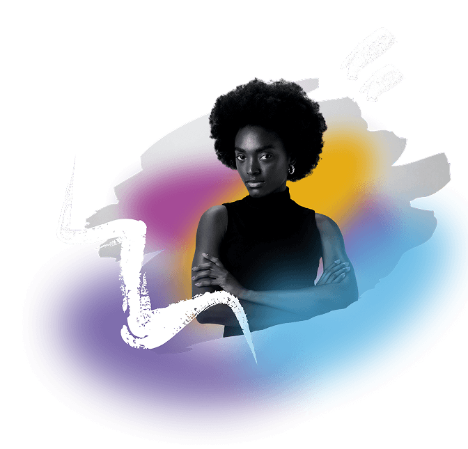 A Black woman with a natural afro stands with arms folded, looking directly at the camera with a composed, confident expression. She is set against an abstract background of colourful paint strokes in purple, orange and blue, with white brushstroke marks framing the composition.